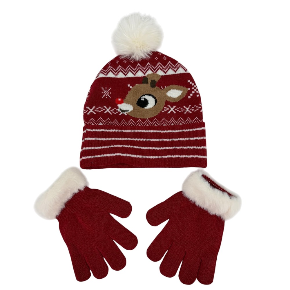 Rudolph Red-Nosed Reindeer Hat Gloves Set Kids One Size Red Holiday Winter Ski